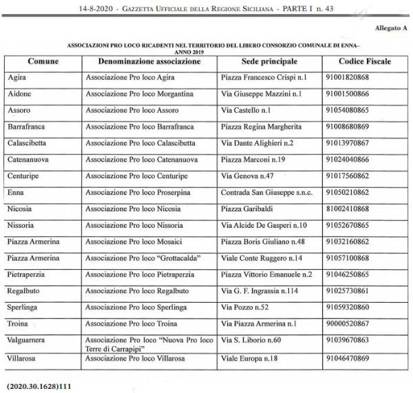 Gazzetta Ufficiale Regione Sicilia – 14 agosto 2020: Enna - Pro loco