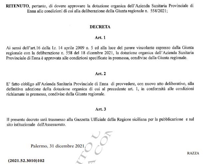Gazzetta Ufficiale Regione Sicilia – 21/1/22: Asp Enna