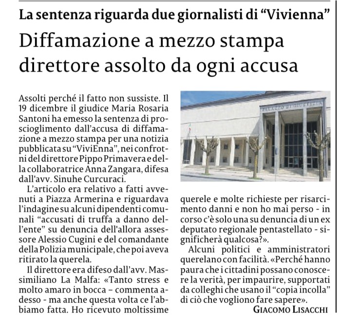 Diffamazione a mezzo stampa: assolti “dall’imputazione ascritta perché il fatto non sussiste”