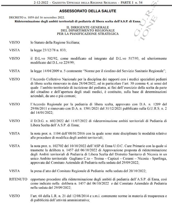 Gazzetta Ufficiale Regione Sicilia – 2 dicembre 2022: Cerami, Gagliano C.to, Nicosia, Sperlinga, Troina, Pietraperzia