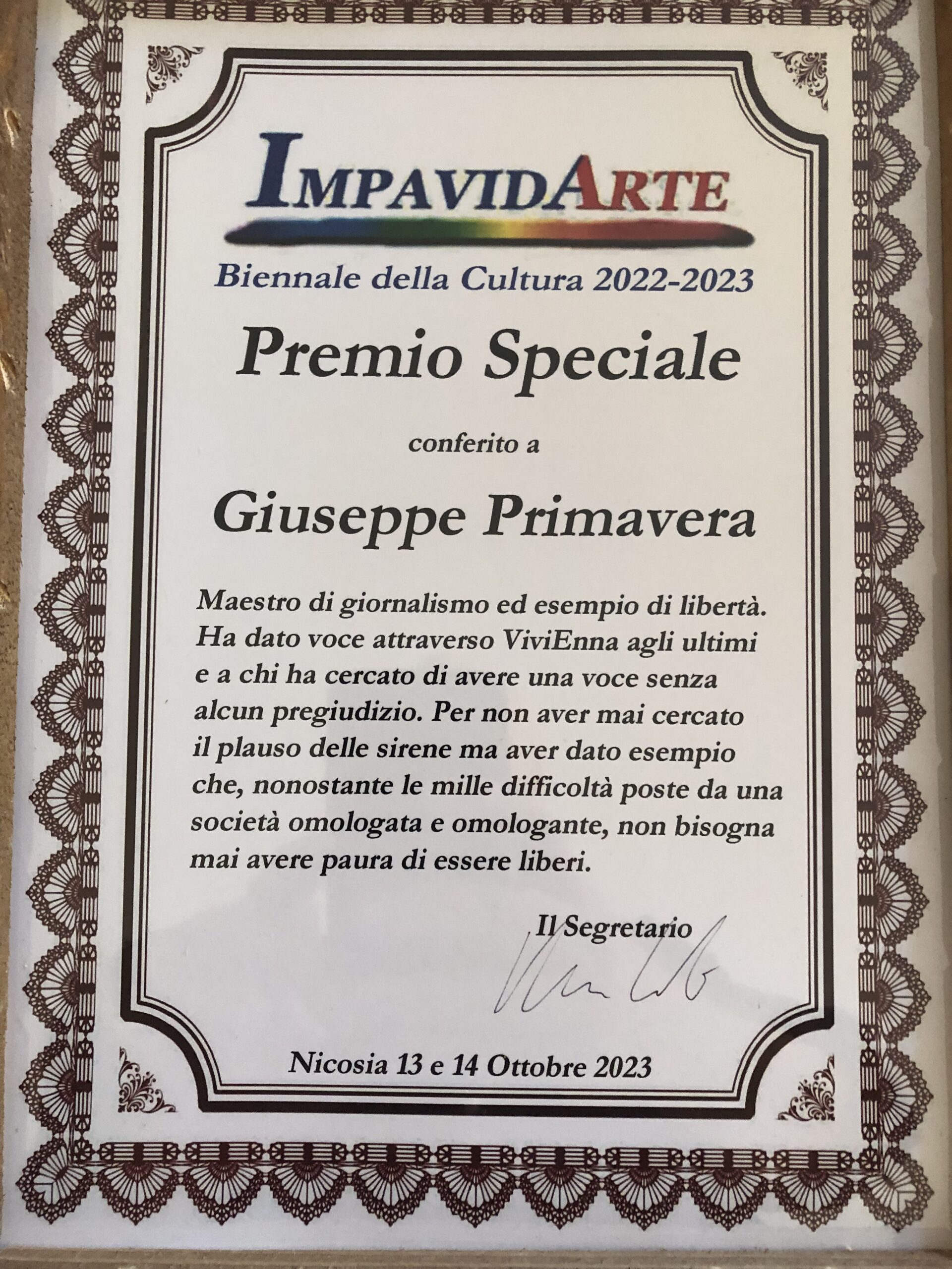 Nicosia: premio “Impavidarte” 2023, tra i premiati Giuseppe Primavera ex Direttore ViviEnna
