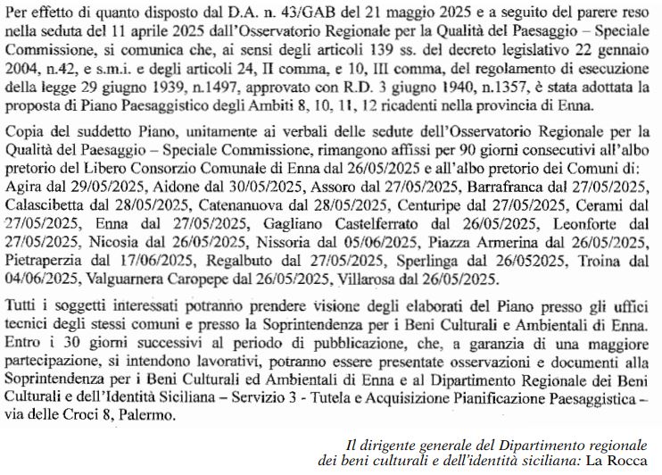 Gazzetta Ufficiale Regione Sicilia – 25/7/25: Asp, piano paesaggistico prov.Enna